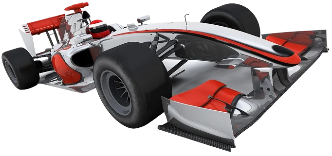 Voiture de Formule 1 élégante aux couleurs blanc, rouge et noir sur fond noir, mettant en valeur son design aérodynamique et sa technologie haute vitesse