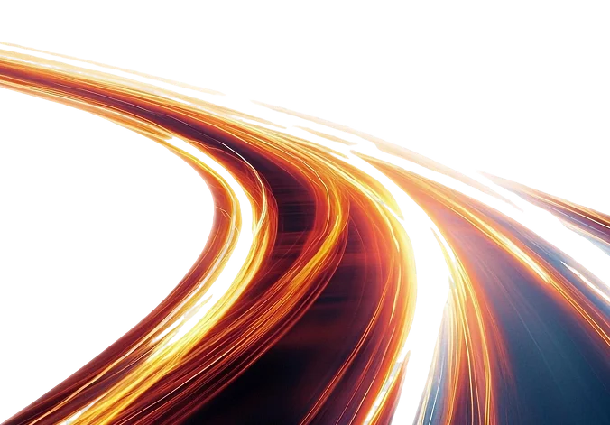Une image dynamique de traînées lumineuses formant des courbes orange et jaunes vives sur fond noir, qui évoquent la vitesse et l'énergie du mouvement