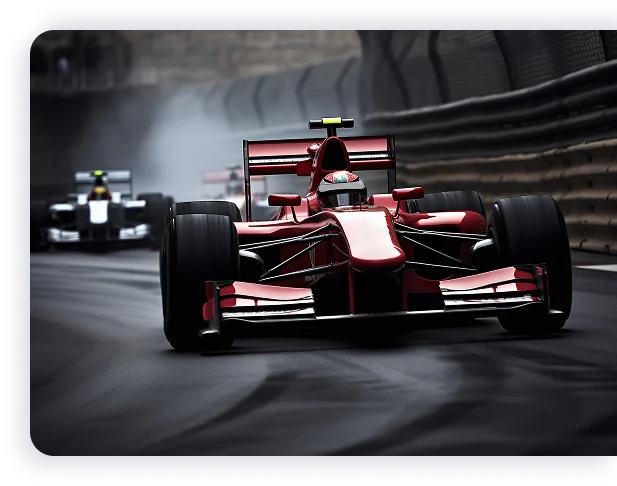 Deux voitures de course élégantes filent à toute allure sur une piste au coucher du soleil, projetant de longues ombres. Le ciel spectaculaire et le mouvement flou traduisent l'excitation et l'énergie intense