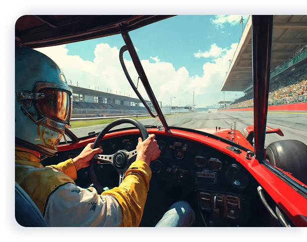 Un pilote portant un casque et une combinaison de course conduit une voiture de course rouge sur un circuit. Le ciel ensoleillé et les tribunes bondées créent une atmosphère intense et palpitante