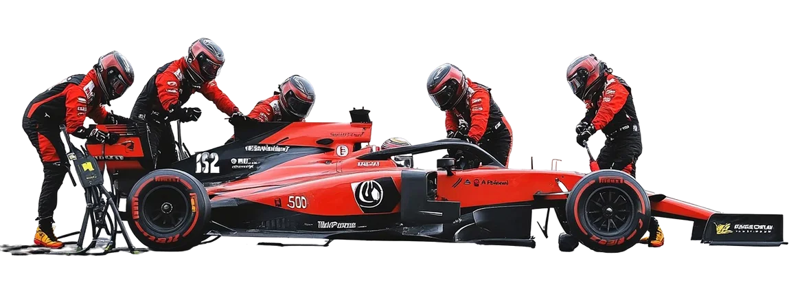 Une équipe de mécaniciens de Formule 1 vêtus d'uniformes rouges et noirs entoure une voiture de course rouge sur fond noir, évoquant la vitesse et la précision