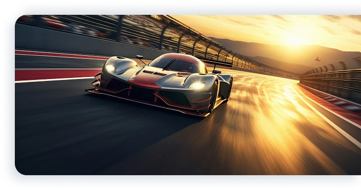 Une voiture de course élégante file à toute allure sur une piste au coucher du soleil, les phares allumés. Le soleil projette une lueur dorée sur la piste, créant une atmosphère dynamique et palpitante
