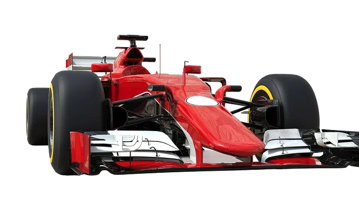 Une élégante voiture de course de Formule 1 rouge est représentée sur un fond noir. La voiture présente un design aérodynamique, de grands pneus avec des bordures jaunes et un aileron avant bas, qui évoquent la vitesse et la précision